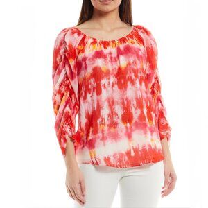 Calvin Klein‎ Round Neck 3/4 Cinched Sleeve Tie Dye Chiffon Top | Size Large